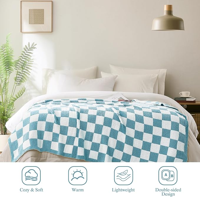 Checkered Throw Blanket, Light Blue Soft Cozy Fluffy Knitted Throw Blankets for Couch, Sofa, Bed, Chair, Warm Fuzzy Travel Picnic Lightweight Plaid Blanket, 50x70 inches