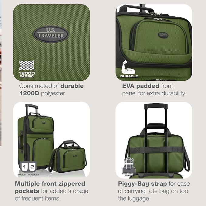 U.S. Traveler Rio Lightweight Softside Rolling Carry-on Suitcase, 2-Wheel Set, Green