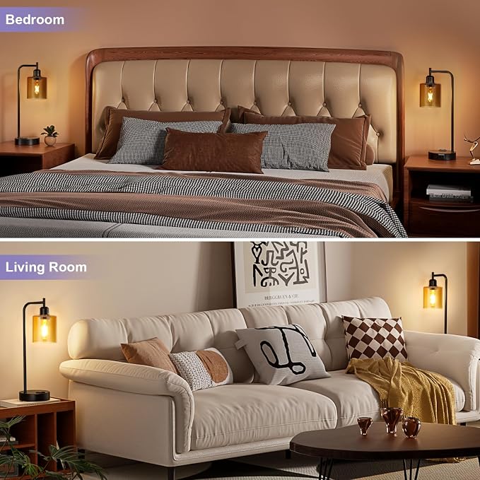 Industrial Touch Nightstand Lamps for Bedrooms Set of 2 - 3-Way Dimmable Table Lamps with USB C+A Ports and Outlet, Bedside Lamps with Amber Glass Shade for Living Room, Desk Lamps for Home Office