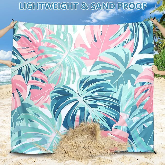 Beach Blanket Waterproof Sandproof Beach Mat for 1-8 Adults Quick Drying Durable Outdoor Picnic Mat for Beach Festival Travel Camping Hiking (Flamingoes-Palm, 79"×83"(4 Person))