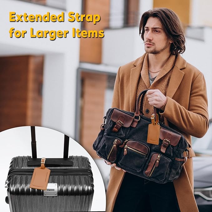 Travelambo Luggage Tags for Suitcases Faux Leather Privacy Protection 6 Pack Bag Tags Travel Accessories Essential, Yellowish Brown