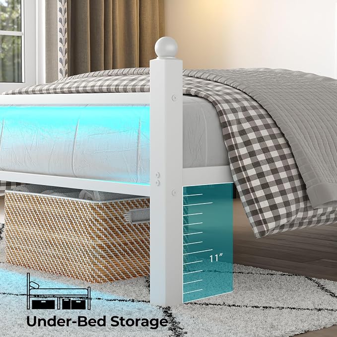 CollaredEagle Queen Bed Frame with LED Lights and Charging Station, White | Queen Size/ Metal Frame/ Built-in Charging Station/ RGB LED Lights/ Noise-Free/ 10.8 inch Under-Bed Storage