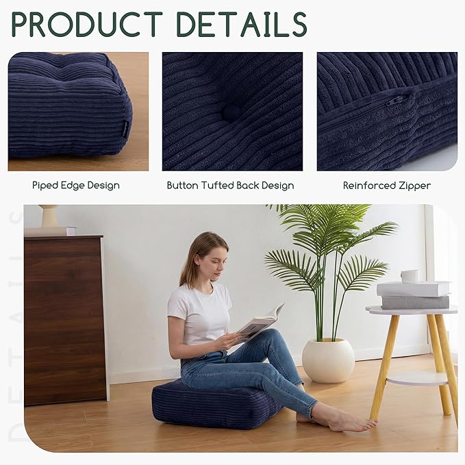 HIGOGOGO Tufted Corduroy Recliner Seat Cushion for Elderly, 20x20x6 Inch Extra Large Square Seat Cushion for Recliner Chair, Floor Pillow, Office Chair, Car, No Pressure on Thighs, Navy