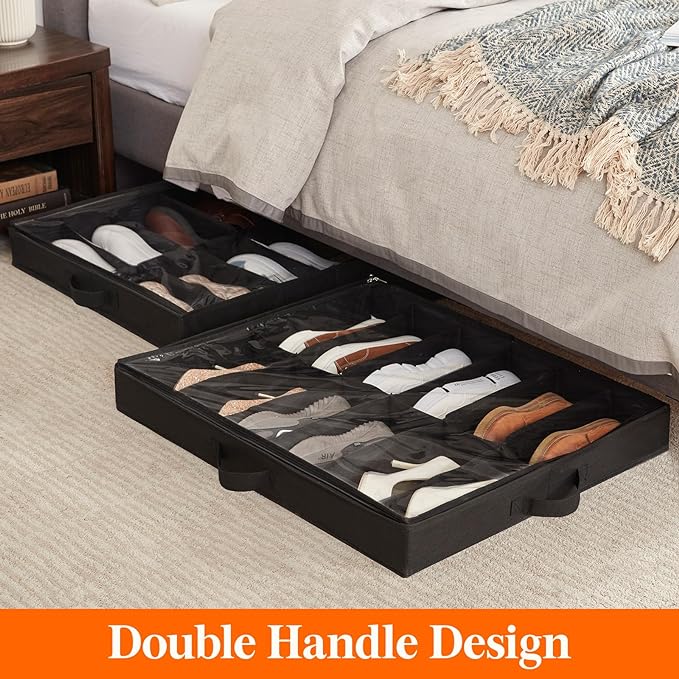 Lifewit Under Bed Shoe Storage Organizer 3 Pack(12 Pairs), 4.3" Tall Fabric Shoes Container Box, Foldable Closet Shoe Bag with 2 Reinforced Handles and Clear Cover, Black
