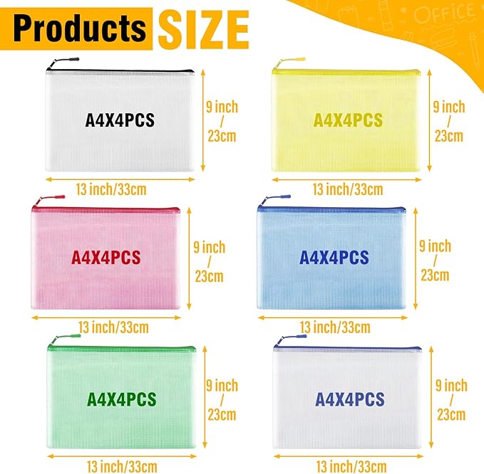 24pcs Mesh Zipper Pouch Bags A4 Zipper Bags for Classroom Organization, Waterproof Document Zipper Pouches for Cosmetics, Travel Storage File Bags for Office Supplie