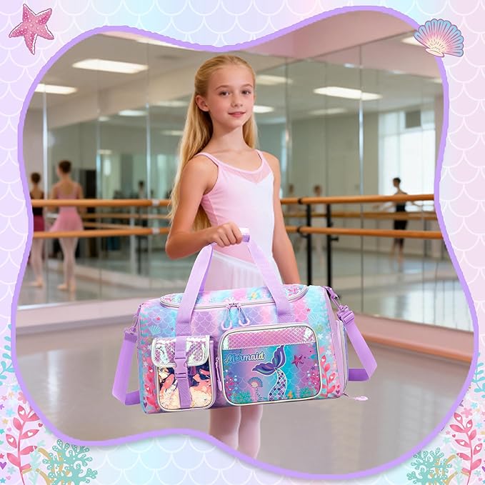 Kids Duffle Bag for Girls Dance Bag for Kids Mermaid Ballet Bags for Girls 6-8 Gymnastics Sports Overnight Bags with Shoes Compartment