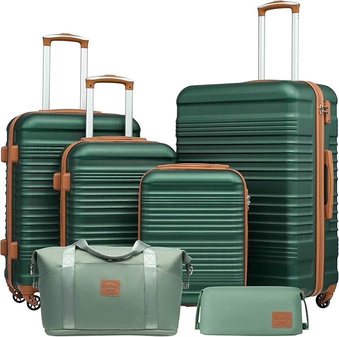 Coolife Luggage Set 3 Piece Luggage Set Carry On Suitcase Hardside Luggage with TSA Lock Spinner Wheels(Dark Green, 6 piece set)