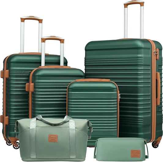 Coolife Luggage Set 3 Piece Luggage Set Carry On Suitcase Hardside Luggage with TSA Lock Spinner Wheels(Dark Green, 6 piece set)