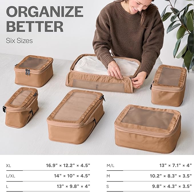 Aerotrunk Compression Packing Cubes for Travel - Luggage Organizer Bags - Double Zipper Packing Cubes for Suitcases (12-Pack, Mocha)
