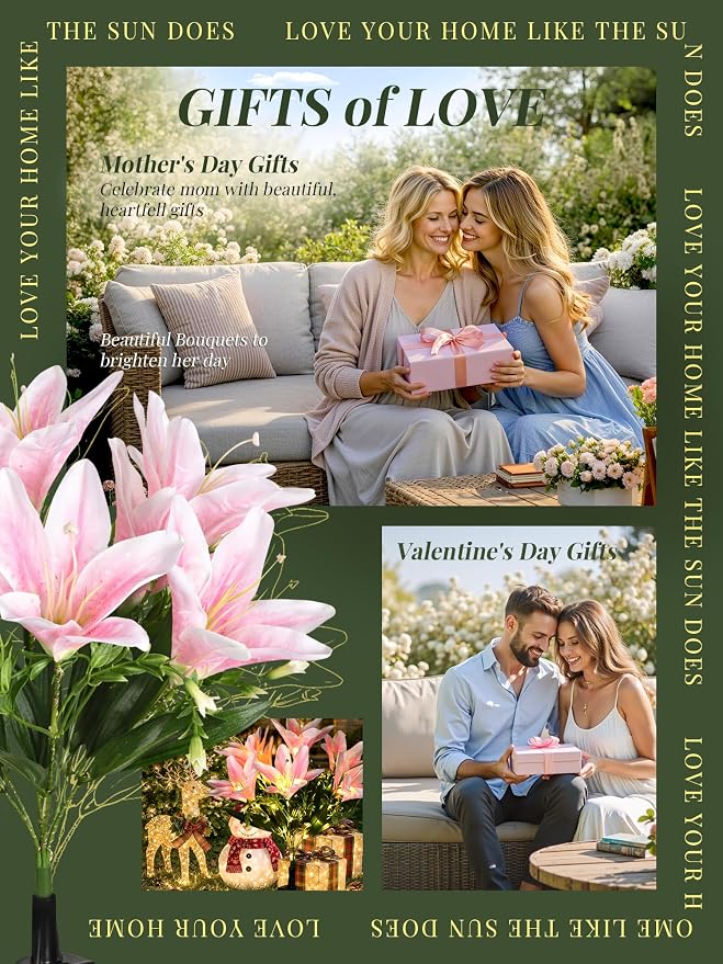 GIGALUMI Solar Garden Lights, 2 Pack LED Lily Solar Flower Lights Outdoor | Garden Decor Carefree Artificial Flowers Lily, 3 Lighting Mode, Yard Decorations Outdoor, Gardening Gifts (1White,1Pink)
