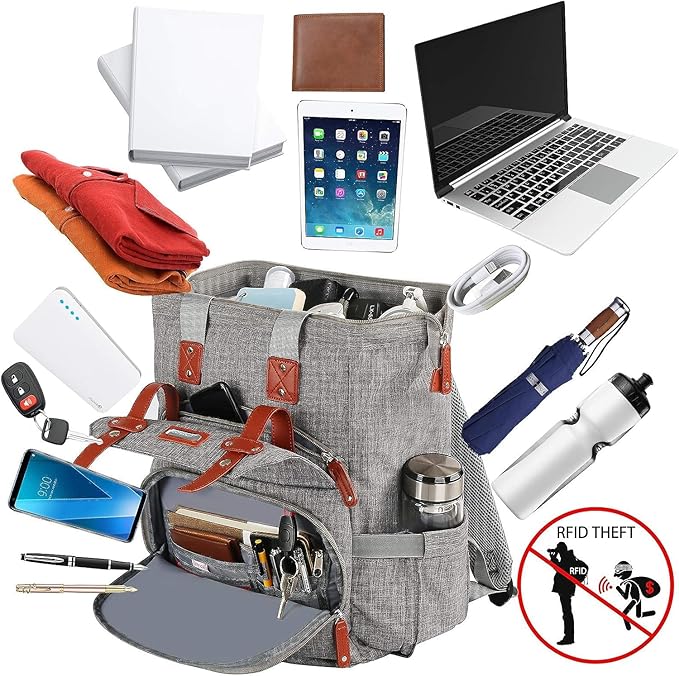 FALANKO Laptop Backpack for Women, Work Doctor Teacher Nurse Wide Open College School Student 17.3 Inch Laptops Bookbag Purse Travel RFID Computer Bag for Men Women Girls Grey