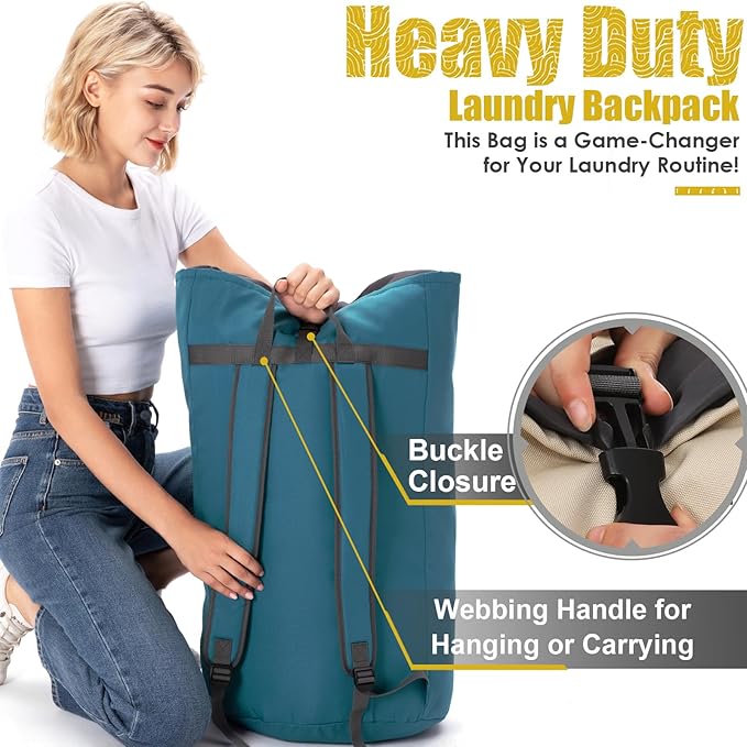 Backpack Laundry Bag, 115L Heavy Duty Extra Large College Laundry Backpack, Dirty Clothes Bag with Shoulder Straps, Laundry Hamper Bag with Drawstring Closure for College Dorm, Apartment Teal