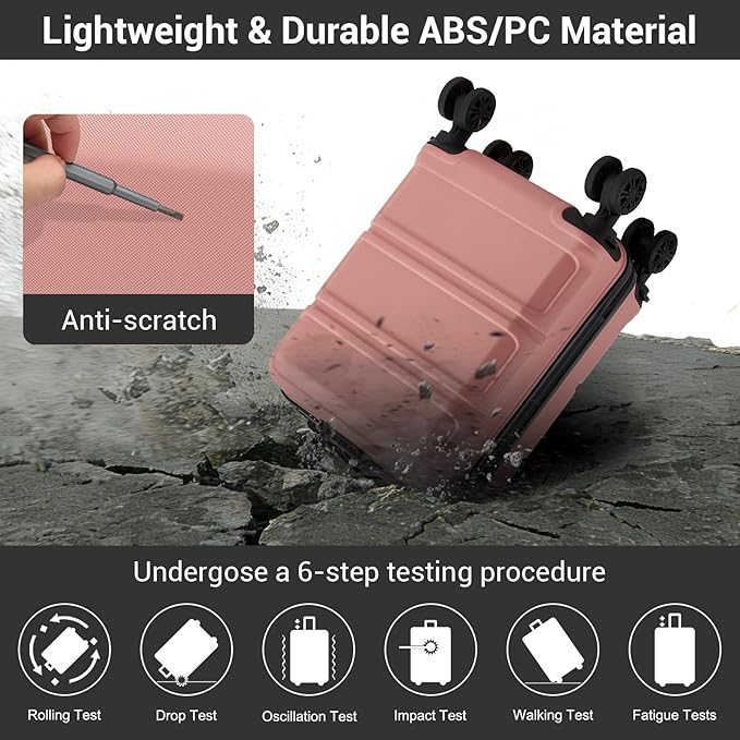 Kono 15'' Underseat Carry On Luggage Airline Approved, Anti-Scratch PC+ABS Hardshell Carry on Suitcase with Smooth Spinner Wheel, Lightweight Overnight Carry on for Short Travel, Nude/Rose Pink