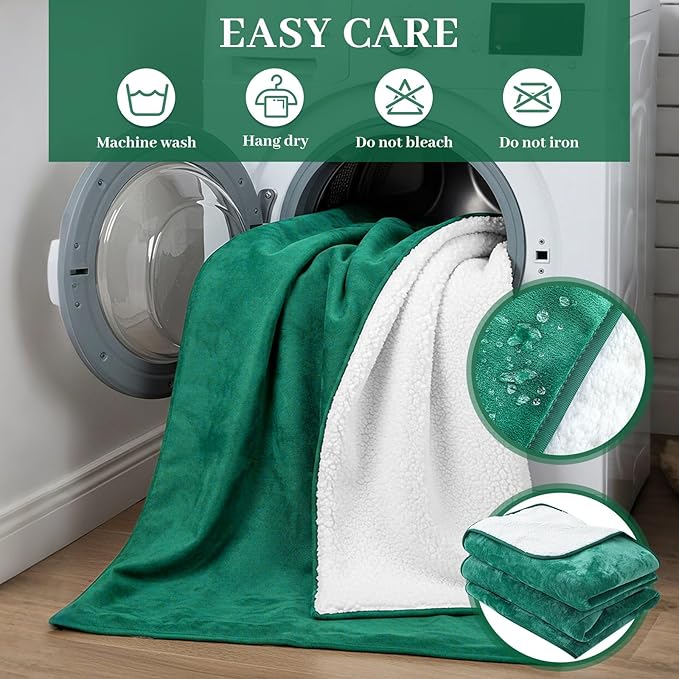 Waterproof Gray Blanket for Dog Cat Puppy, 80'' x 80'' Double Side Leakproof Reversible Double Side Sherpa Flannel Fleece 3 Layer Lightweight Blanket, Absorb 70oz(GreenWhite), Machine Washable