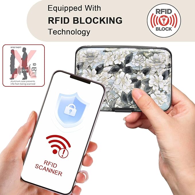 ELFISH Mini RFID Aluminum Wallet Credit Cards Holder Business Card Case Metal ID Case for Men Women (White Lotus)