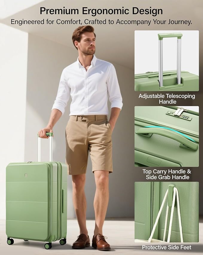 MILADA 28 Inch Large Checked Luggage, Expandable Hardshell Suitcase with 360° Spinner Wheels & TSA Lock, Durable Extra Large Rolling Trunk for Travel, International Vacation, Bamboo Green