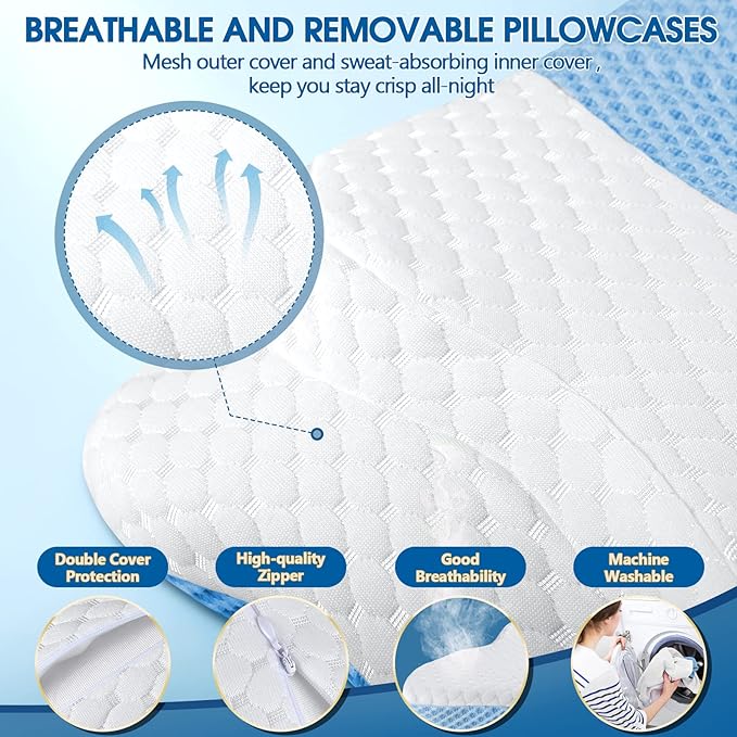 Memory Foam Pillows, Cervical Pillow for Neck and Shoulder Pain Relief, Ergonomic Contour Bed Pillow, Soft for Side Sleep Stomach Sleeping and Back Sleeper-Queen Size & Light Blue