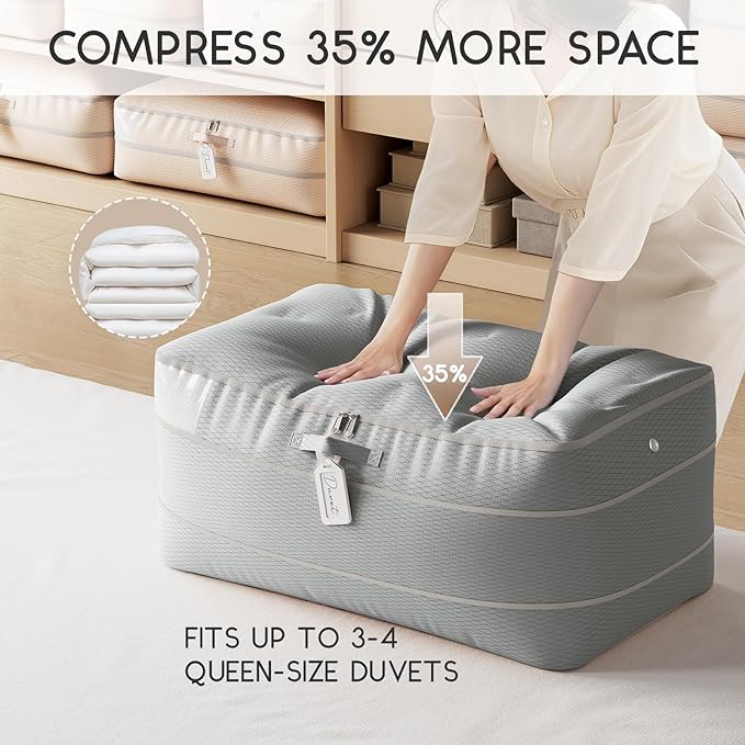 Compression Storage Bags for Comforters - 4 Pack Long Large 100L Compression Bags, 3-Layer Washable Ultra Space Saving Self Comforter Storage Bag for Blankets, Sheets, Clothes, Gray