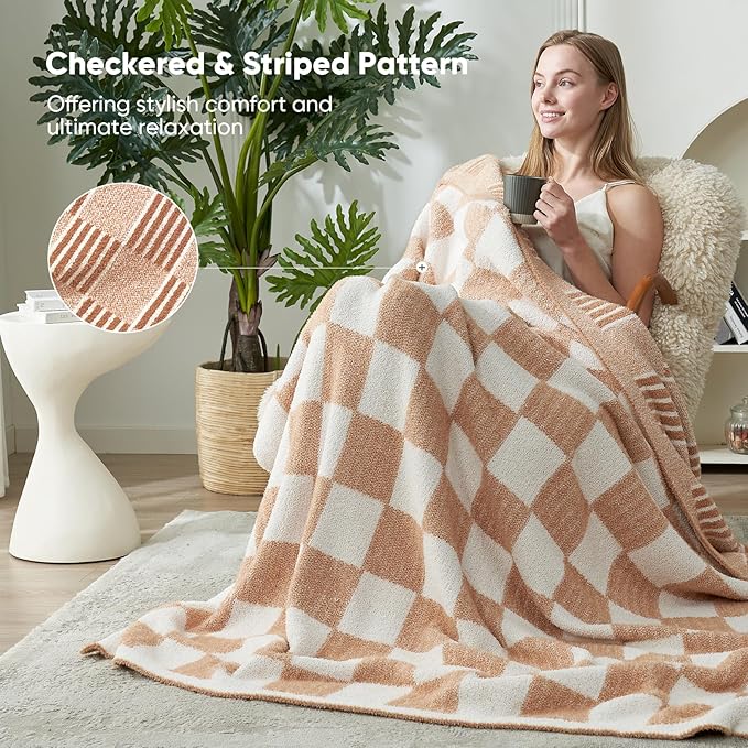 Snuggle Sac Checkered Throw Blanket Faux Fur Microfiber Blankets for Couch,Reversible Soft Cozy Warm Blanket for Sofa Bedroom,Cute Lightweight Striped Throws for Women,Heather Beige,60x80 inches