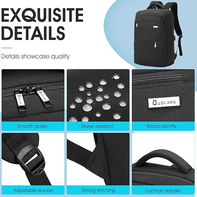 DUSLANG 15.6 Inch Laptop Backpack for Travel Water Resistant College Backpack for Men Women Laptop Bag with USB Charging Port Business Backpack,Black
