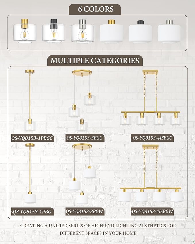 Brushed Gold Pendant Lights Kitchen Island, 1-Light Modern Clear Glass Hanging Light Fixtures with Rods, Mini Kitchen Pendant Lighting Over Island for Sink Bathroom, OS-YQ8153-1PBGC