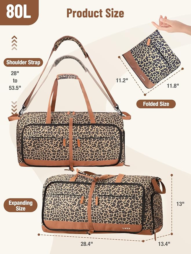 Lekesky Foldable Travel Duffel Bag for Women, 80L Large Duffle Bag with Separate Shoes Compartments & Straps, Carry On Weekend Bag for Women, Hospital, Overnight(Leapord)