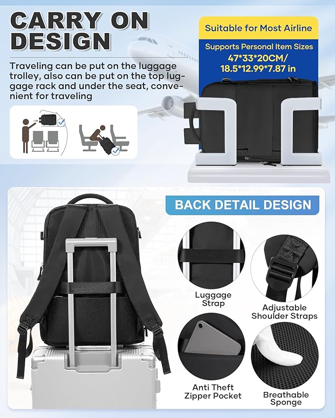 VGCUB Vacuum Backpack Travel with Electric Pump Vacpack System Storage Compression Carry on Laptop Work Business Waterproof College Bags Casual Daypack Backpacks for Women Men Black