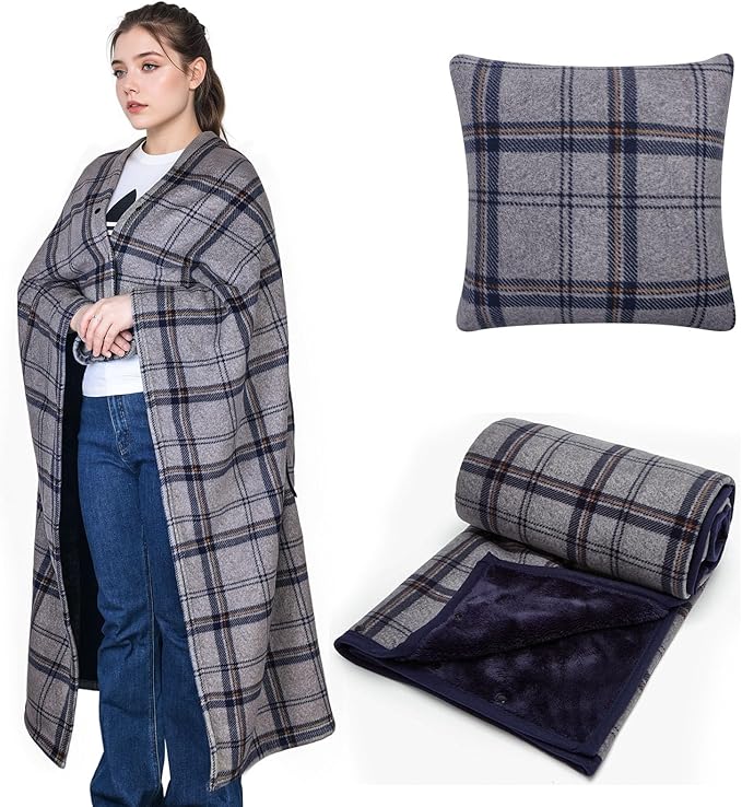 forestfish Wearable Blanket Compact Pillow 2-in-1, Lap Blanket Poncho with Button Plaid Throw Cushion for Home Office Sofa