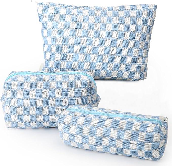 EIMMBD Makeup Bag 3 Pieces Large Capacity Checkered Cosmetic Bags Travel Toiletry Bag Organizer Cute Makeup Pouch Storage for Women(Blue)