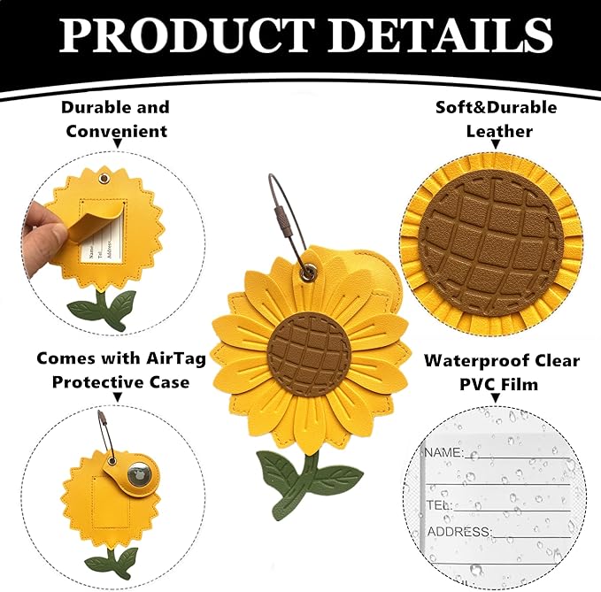 Cute Leather Luggage Tag Holder with Airtag Case Set,Hidden Compartment for AirTag Travel Suitcase Tracking Case with Stainless Steel Loop,Name ID Label(Sunflower)