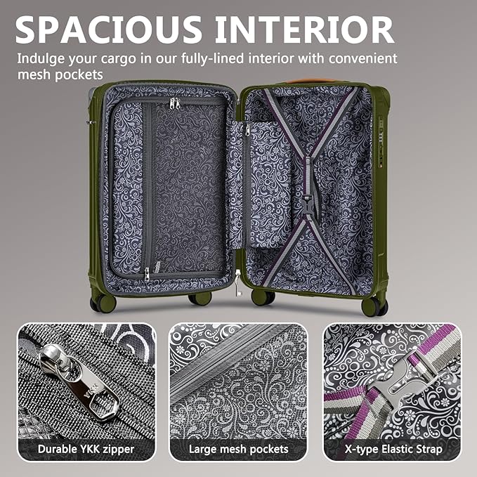 Joyway Luggage Sets 3 Piece, Expandable Suitcase with Smart Cup Holder and USB Port, Hardside Carry On Checked with TSA Lock Spinner Double Wheels, DarkGreen