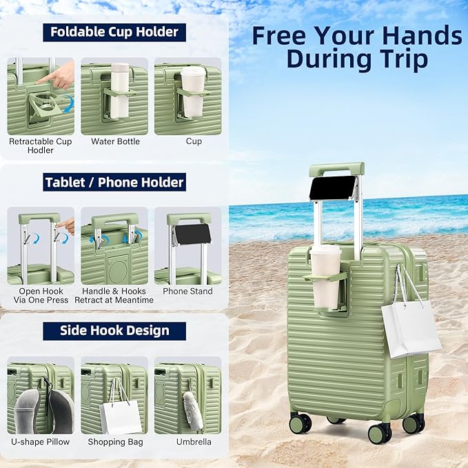 20 Inch Carry on Luggage 22x14x9 Airline Approved Hard Shell Suitcases with Wheels, Top Opening Expandable Carry on Luggage with Cup Holder Small Rolling Suitcase with Lock, Bamboo Green