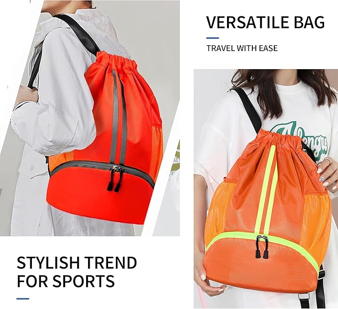 Drawstring Backpack Gym Bag with Shoes Compartment for Soccer, Basketball, Swim, Water-Resistant String Backpack Beach Cinch for Women Men, Red