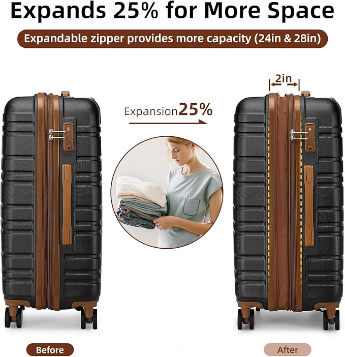 LARVENDER Luggage Sets 6 Piece, Expandable Hardside Carry on Suitcase Set with Spinner Wheels, Lightweight Rolling Luggage Sets for Women with TSA Lock, Black