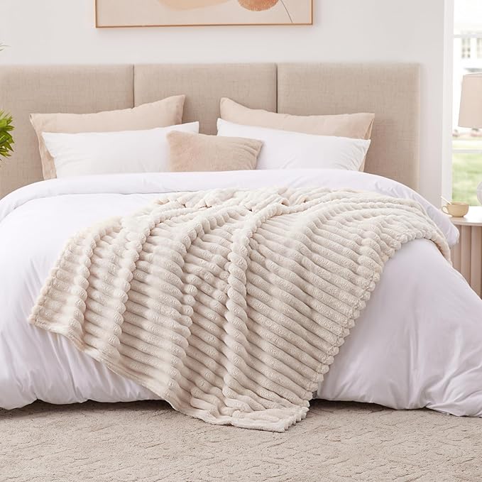 EXQ Home Fleece Throw Blanket for Couch or Bed - 3D Stripe Jacquard Decorative Blankets - Cozy Soft Lightweight Fuzzy Flannel Blanket Suitable for All Seasons(50"×60",Beige)