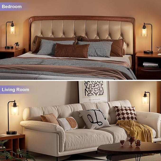 Industrial Touch Table Lamps for Bedrooms Set of 2 - 3-Way Dimmable Lamps with USB C+A Ports and Outlet, Black Bedside Lamps with Seeded Clear Glass Shade for Living Room, Desk Lamps for Home Office