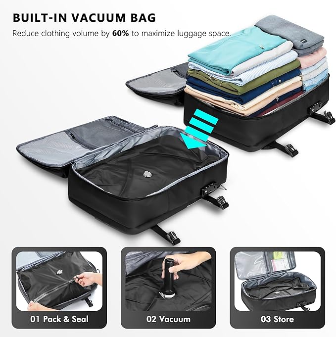 SUOCO Travel Vacuum Backpack with Portable Electric Pump, 45L Carry On Compression Seal Travel Backpack with Vacuum System, Traveling Packing Luggage Suitcase, White