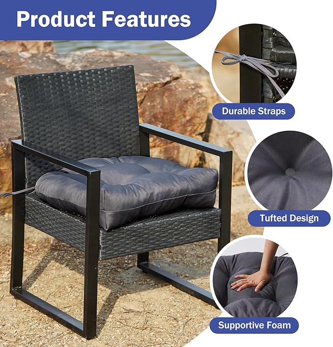 Outdoor Chair Cushions Set of 2, Patio Chair Cushions with Ties, 17x17+4” Tufted Outdoor Seat Cushions, Waterproof Patio Furniture Cushions, Outdoor Dining Chair Pads, Dark Grey