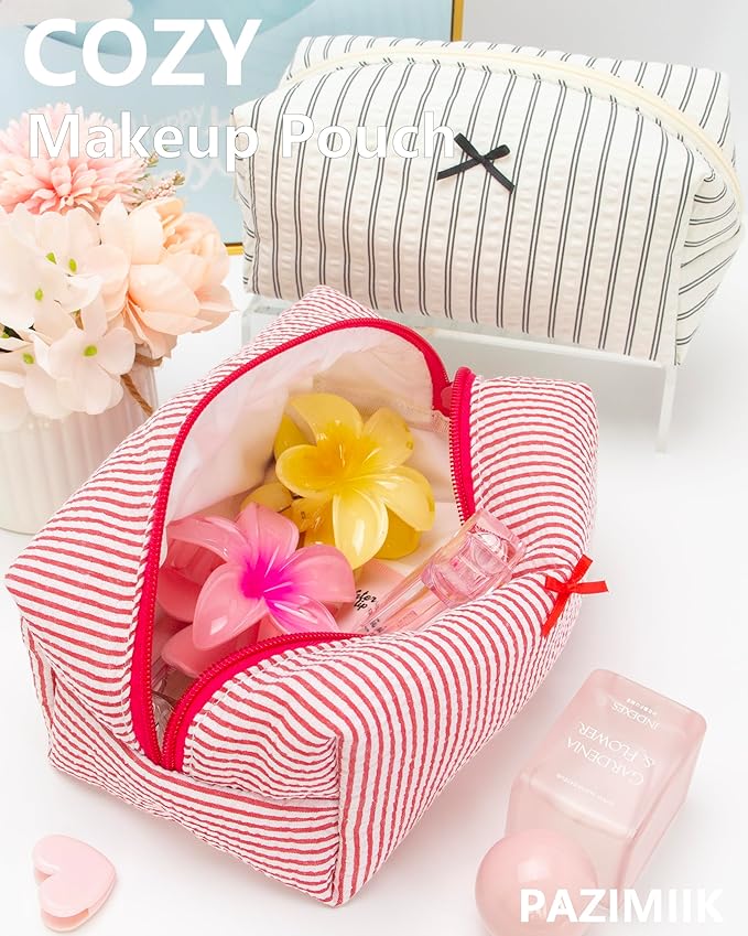 PAZIMIIK 6PCS Cozy Makeup Bag Small Aesthetic Travel Zipper Cosmetic Pouch for Women Make Up Beauty Accessories Brushes, Stripe Red
