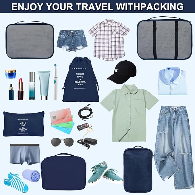 8 Set Packing Cubes for Suitcases, kingdalux Navy Blue Travel Luggage Packing Organizers with Laundry Bag, Compression Storage Shoe Bag, Clothing Underwear Bag, for Women & Man