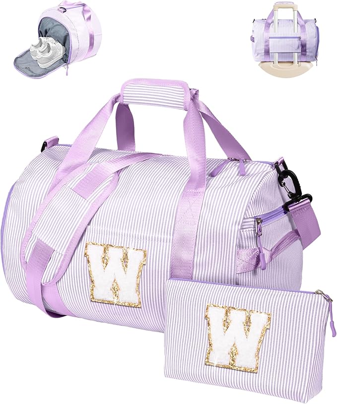 Tween Gifts Trendy Stuff, Girls Travel Duffle Bag, Kids Initial Overnight Duffel Bags with Shoe Compartment, Personalized Dance Bag with Cosmetic Pouch, Gift for Sister Daughter (Letter W)