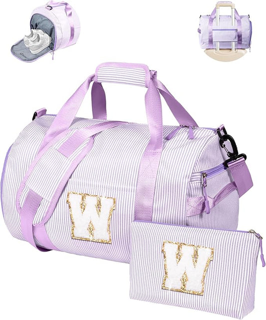 Tween Gifts Trendy Stuff, Girls Travel Duffle Bag, Kids Initial Overnight Duffel Bags with Shoe Compartment, Personalized Dance Bag with Cosmetic Pouch, Gift for Sister Daughter (Letter W)