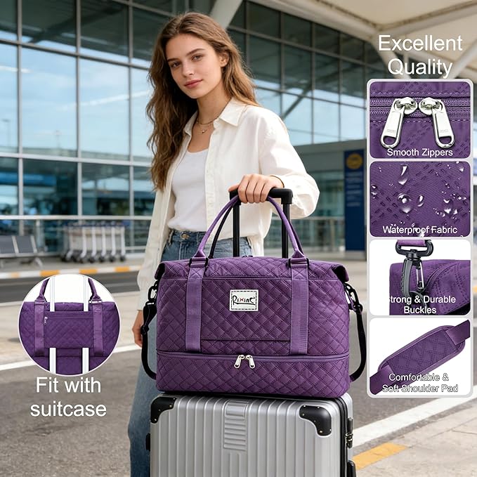 Large Travel Duffle Bag Weekender Bags for Women with Shoes Compartment, Travel Duffel Tote Carry on Overnight Bag for Travel Business Trips, Sport Yoga Gym Bag with Wet Pocket (Dark Purple)
