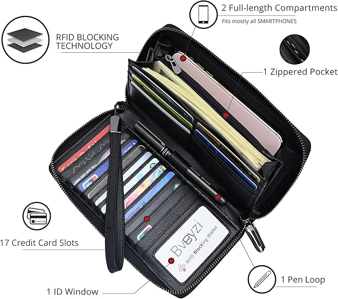 Bveyzi Women RFID Blocking Wallet Leather Zip Around Phone Clutch Large Capacity Ladies Travel Purse Wristlet | RFID Blocking, Zip Around, Large Capacity