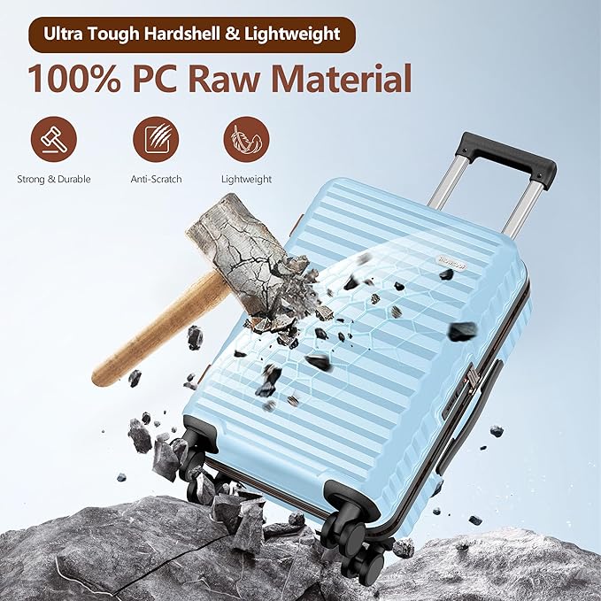 SHOWKOO Luggage Sets 3 Piece Hardside Expandable Suitcase with Double Spinner Wheels Tsa Lock Sky Blue (20in/24in/28in)