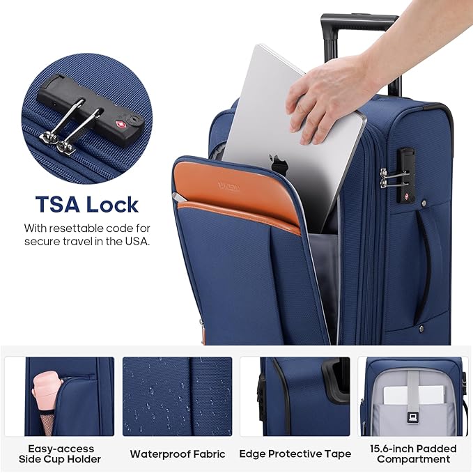 UKEIN Softside Expandable Carry On Luggage 22x14x9 Airline Approved, 20 Inch Suitcase with Wheels & TSA Lock, Travel Suitcase with 4-Piece Packing Bags for Women Men