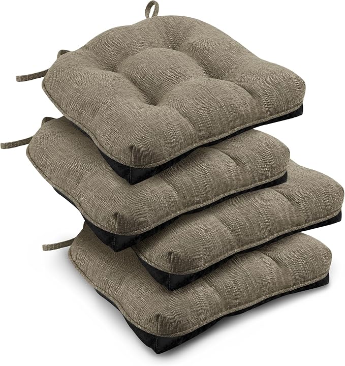 downluxe Indoor Chair Cushions for Dining Chairs, Tufted Overstuffed Textured Kitchen Chair Pads with Ties and Non-Slip Backing, 16.5" x 16.5" x 4", Khaki, 4 Pack