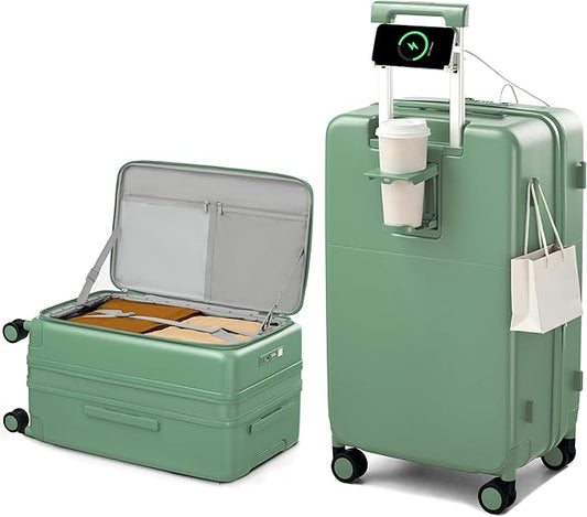 Hanke 24 Inch Expandable Checked Luggage with Cup Holder and Charger Port,Top Opening Hard Shell Suitcases with Wheels, Medium Travel Rolling Suitcase Trunk Luggage with Lock, Forest Green