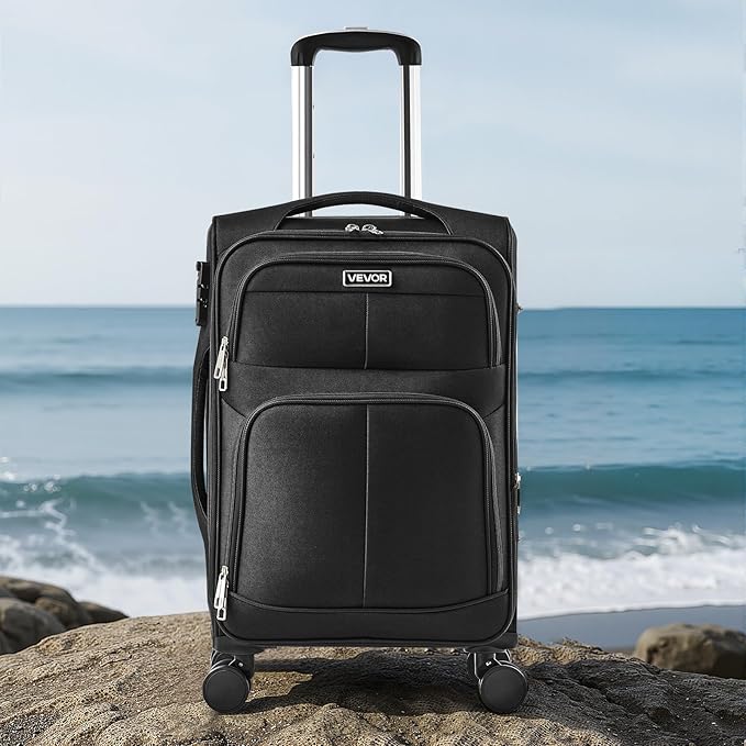 VEVOR Softside Expandable Luggage with Spinner Wheels, 20-Inch Softside Carry on Luggage, Lightweight Checked Suitcase with Expandable Zippered Pocket and TSA Lock, Black