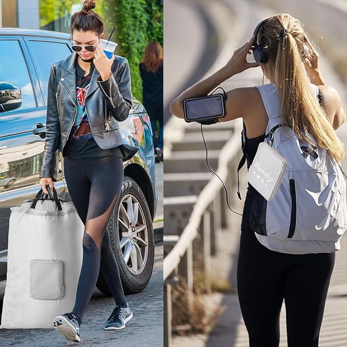 Travel Laundry Bag, JHX Foldable Dirty Clothes Bags 【Upgraded】 with Fixed Drawstring Net, Handles and Carabiner, Portable Laundry Bags for Travel, Fitness, and Students (1Pcs Grey) 30"H x 21"W